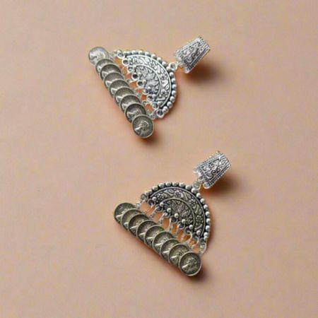 Designer Silver Oxidised Coin Earrings For Women